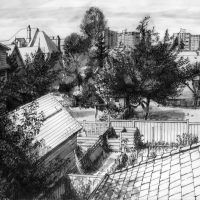 George Wallace - View from Back Garden of Huntington Place, ink and wash