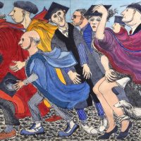 George Wallace - Academic Procession, Stony Path, Windy Day, 1994, ink drawing with watercolour