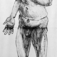 George Wallace - Old Man Dreaming II, self portrait with social security card & magical potency belt - monotype - 1994