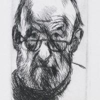 George Wallace - Self Portrait Peering over Half Glasses - drypoint - 1992
