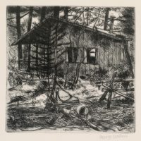 George Wallace - The Cabin at Carlyle Lake - drypoint - 1994